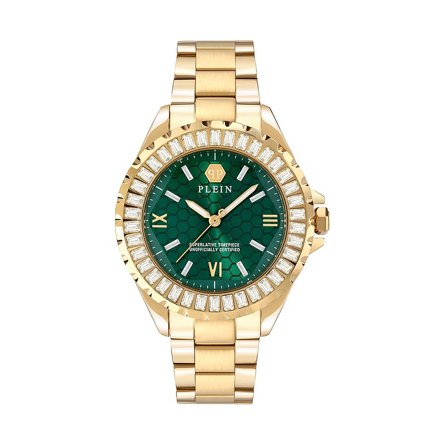 Philipp Plein damklocka med boett i rostfritt stål, grön urtavla och baguetteformade kristaller.