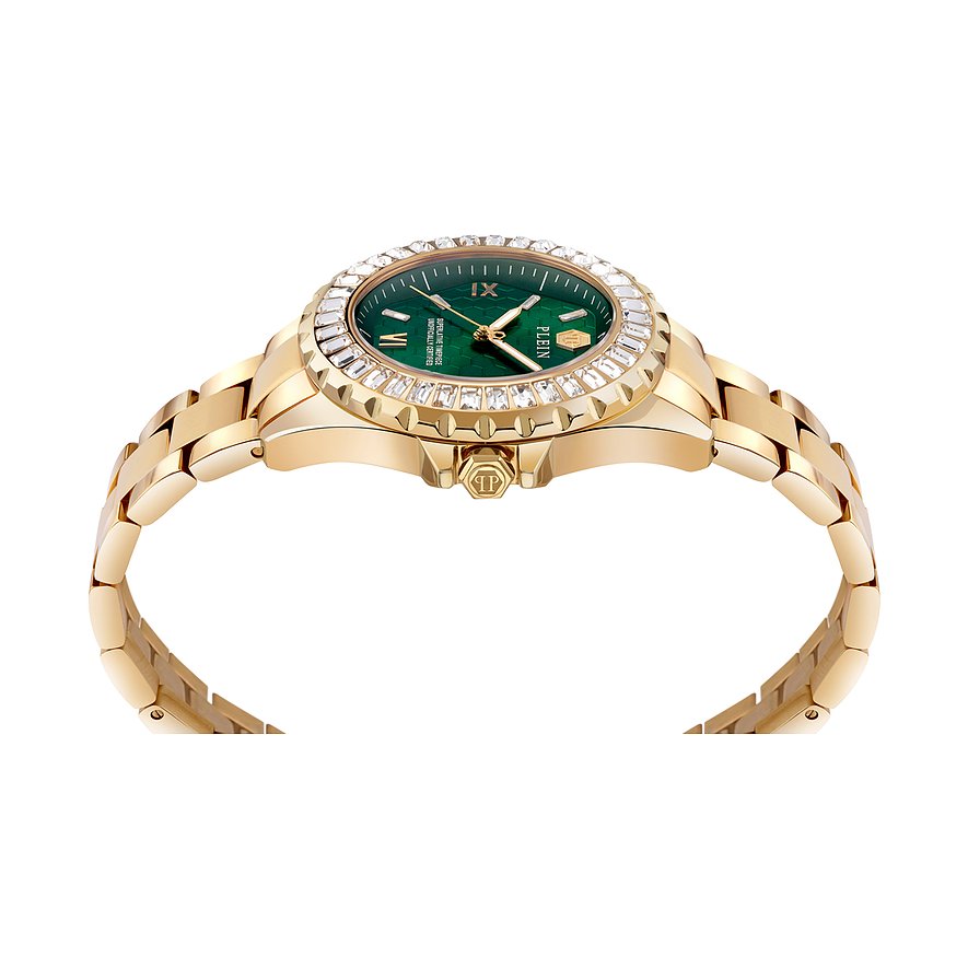 Philipp Plein damklocka med guldfärgat rostfritt stålfodral och grön urtavla.