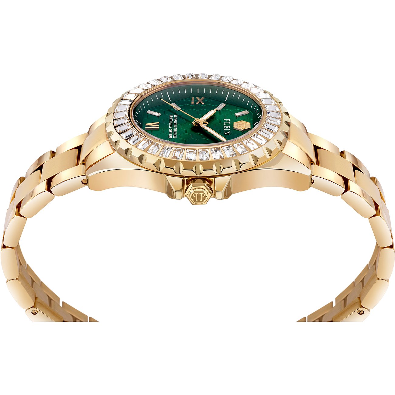 Philipp Plein damklocka med guldfärgat rostfritt stålfodral och grön urtavla.