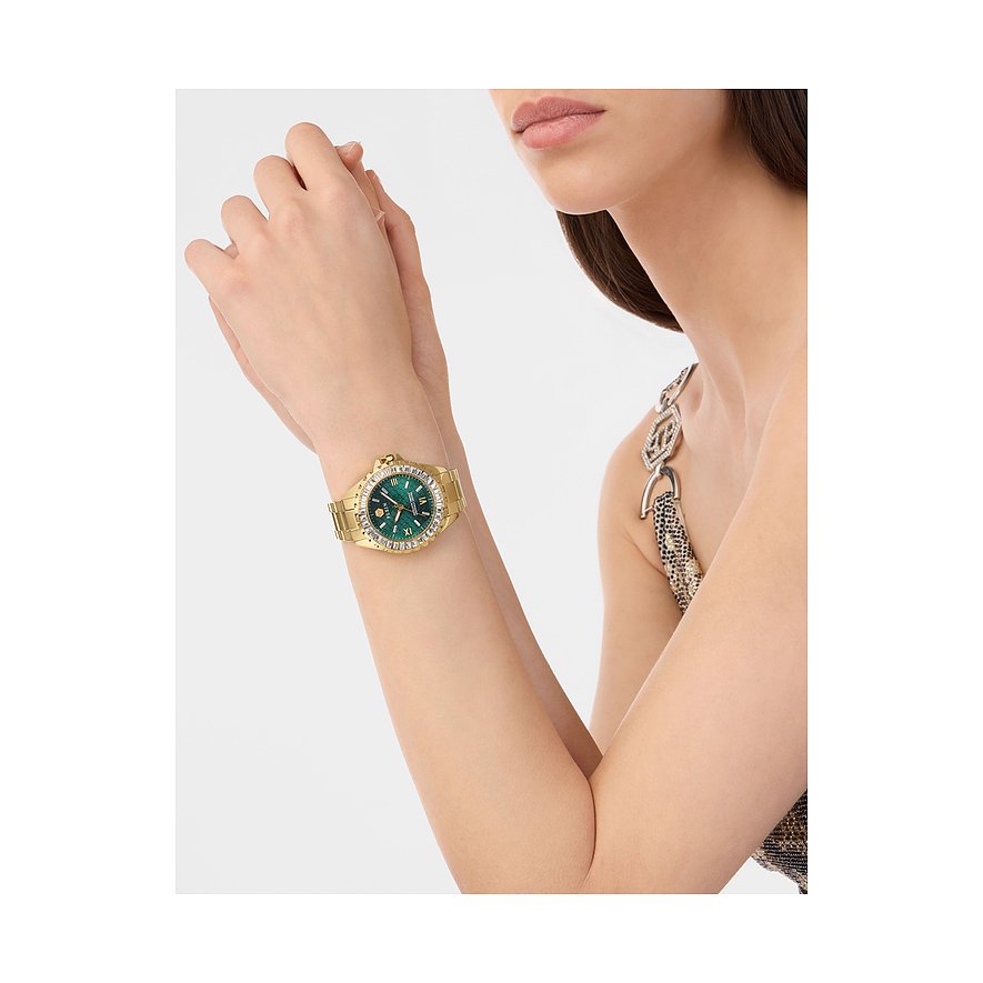 Philipp Plein damklocka i rostfritt stål, guldfärgad, med grön urtavla och kristallinfattad.