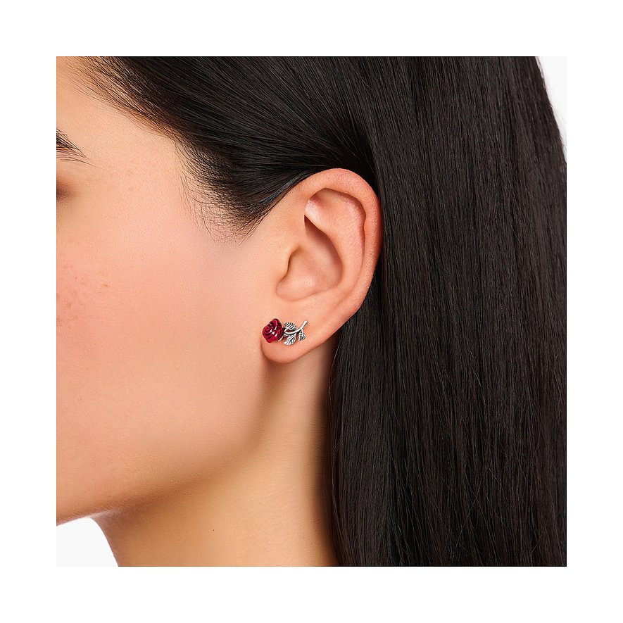 Thomas Sabo örhängen i 925 sterling silver med röd emaljerad ros och blad.