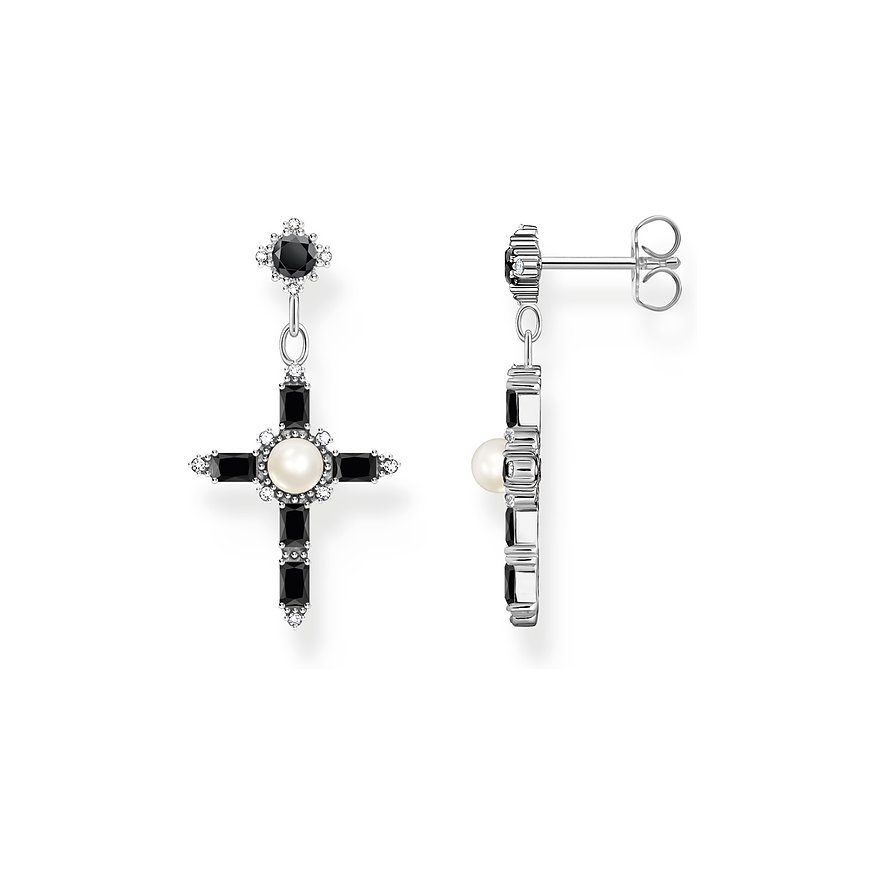 Thomas Sabo Ohrringe aus 925er Silber mit Perle und schwarzen Steinen.