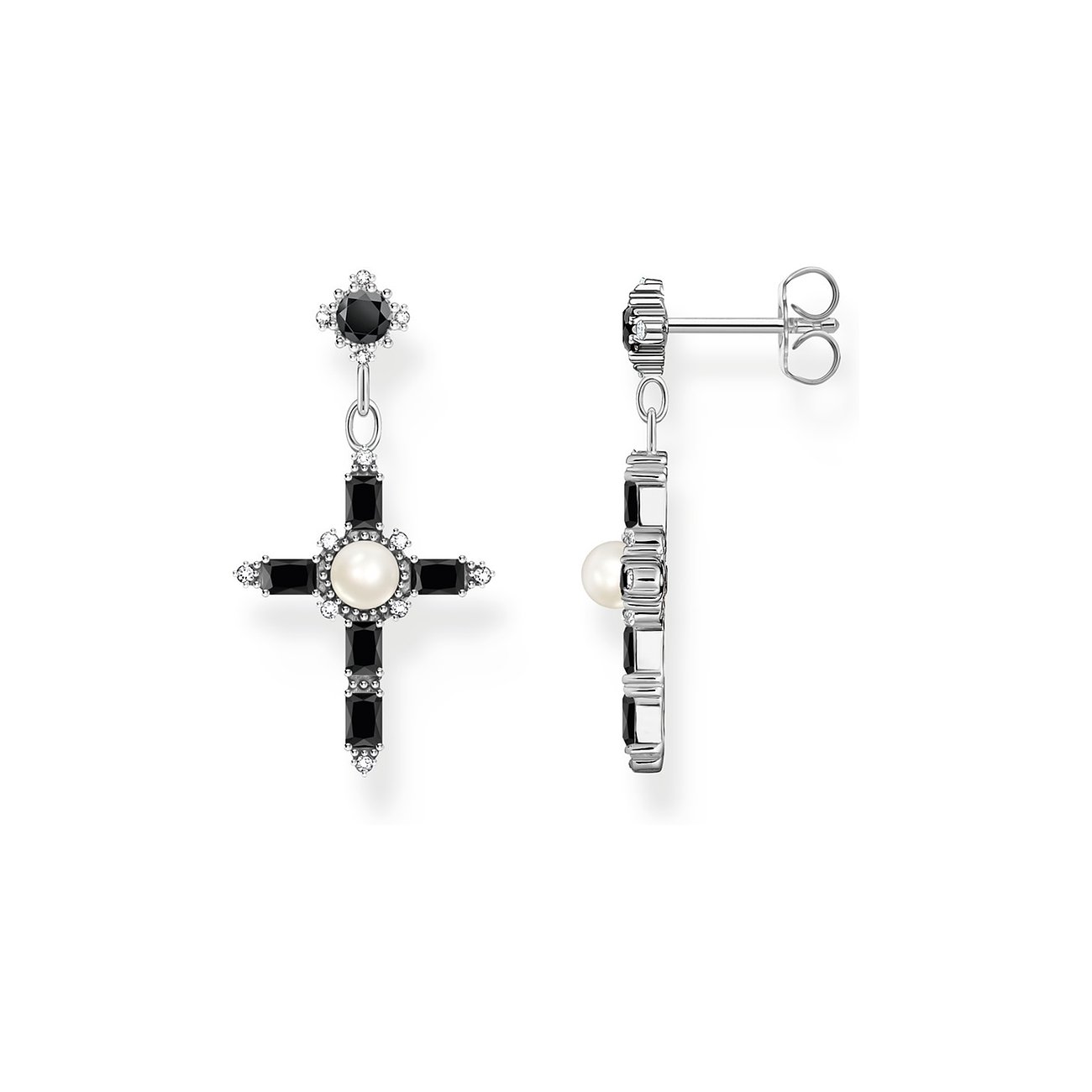 Thomas Sabo Ohrringe aus 925er Silber mit Perle und schwarzen Steinen.