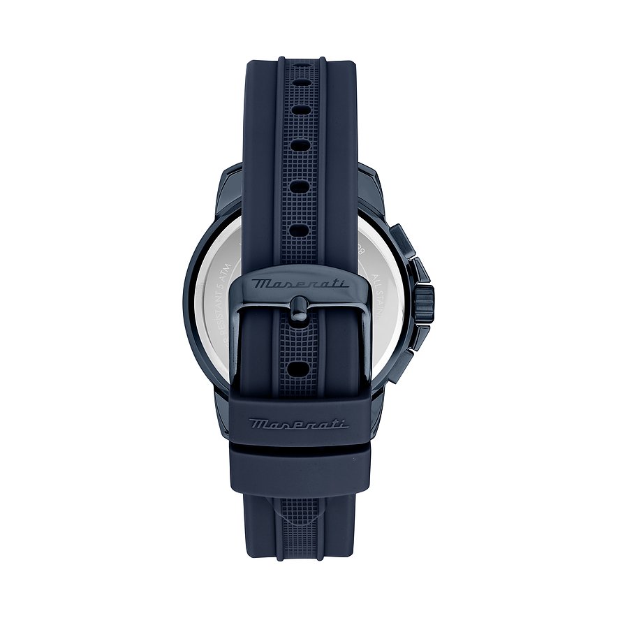 Maserati Herrenuhr mit Edelstahlgehäuse und Silikonarmband, analog.