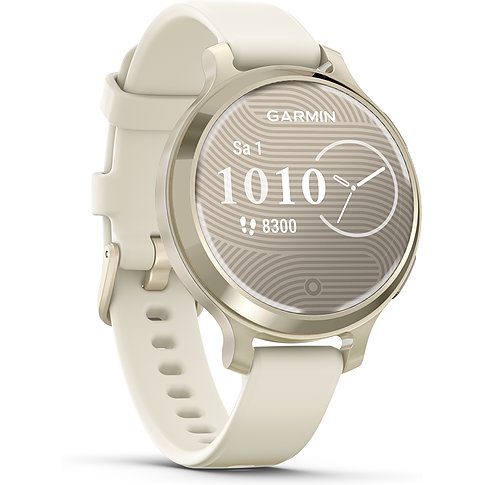 Garmin Smartwatch mit Aluminiumgehäuse, analoger Anzeige und weißem Armband.