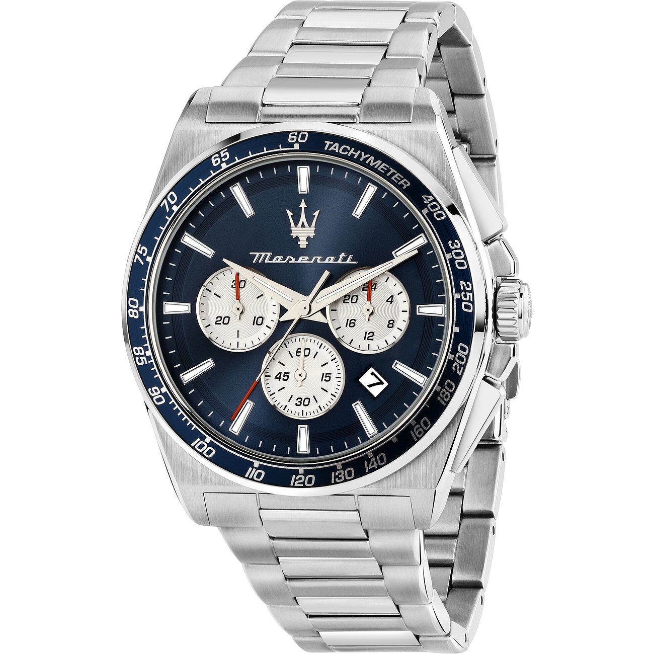 Maserati Herrenuhr mit Edelstahlgehäuse und blauem Zifferblatt.