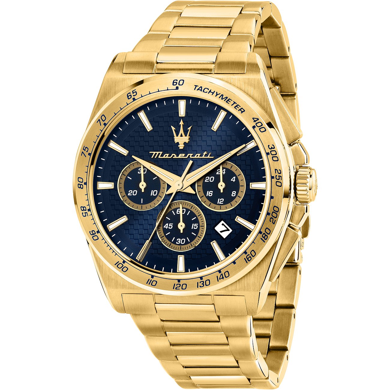 Maserati herenhorloge met roestvrijstalen kast, analoog, met chronograaf en blauwe wijzerplaat.