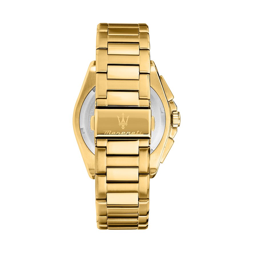 Maserati herenhorloge van roestvrij staal, goudkleurig, met een kenmerkende band.