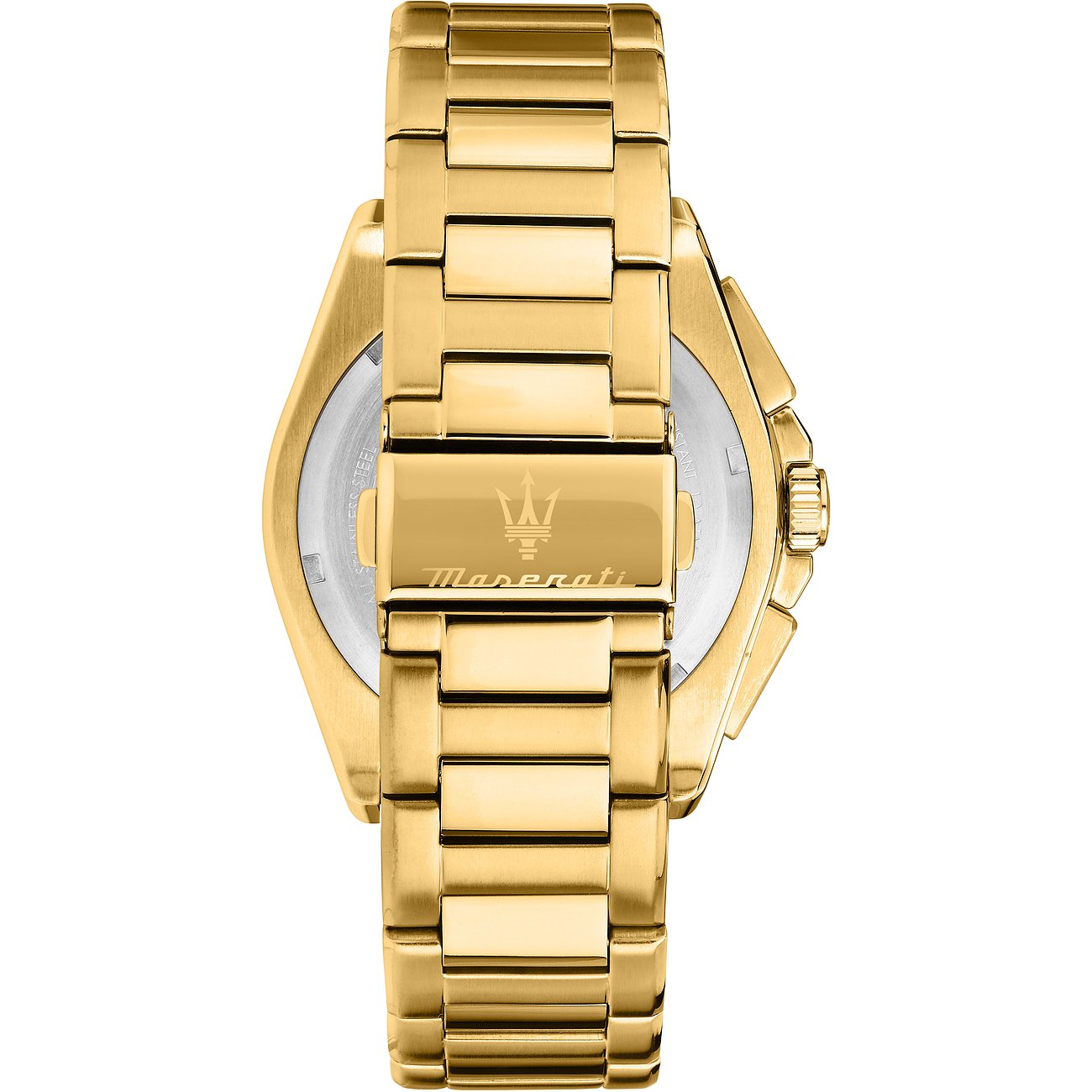 Maserati herenhorloge van roestvrij staal, goudkleurig, met een kenmerkende band.