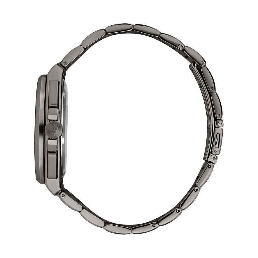 Maserati Herrenuhr mit Edelstahlgehäuse, dunkles Metallgehäuse und Armband.
