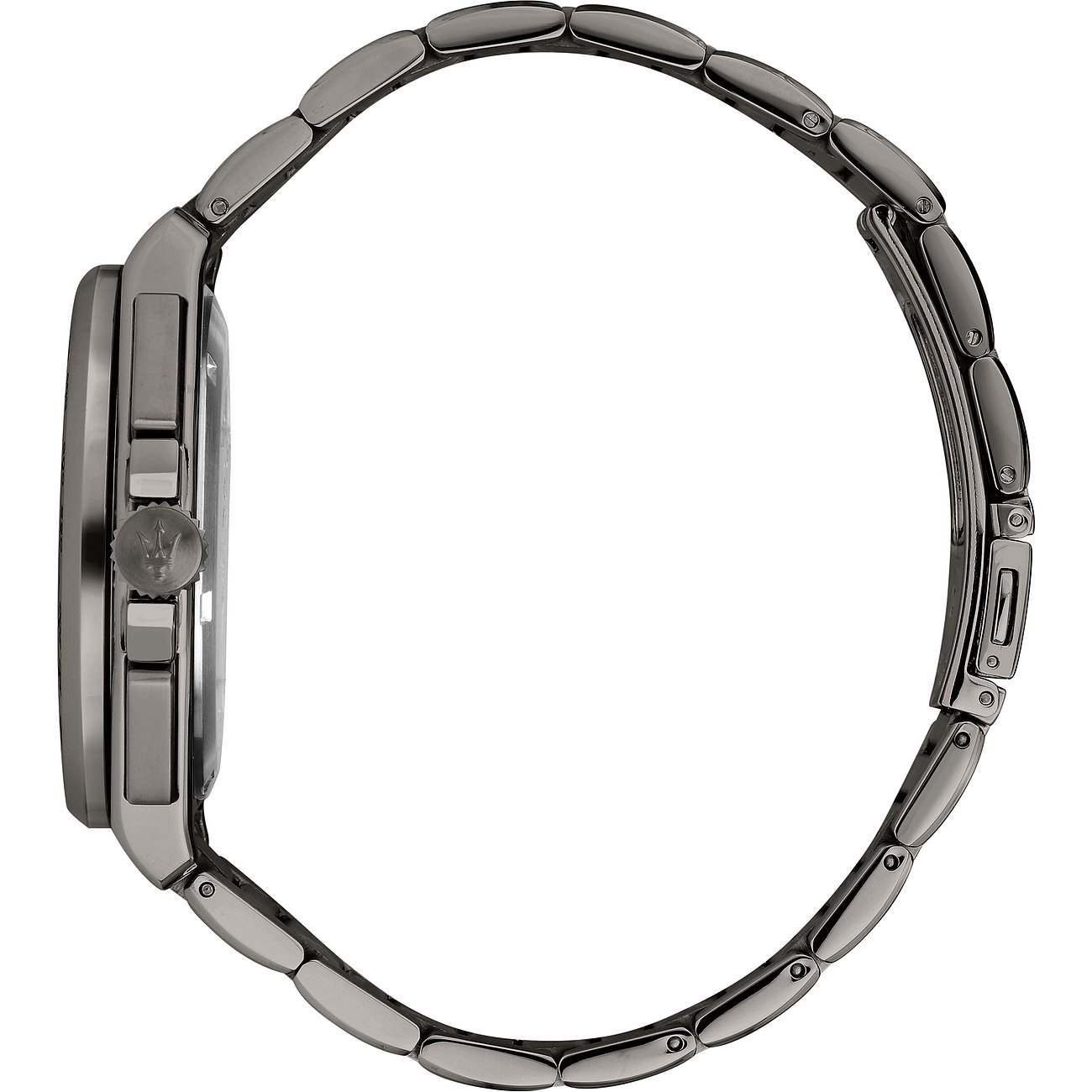 Maserati Herrenuhr mit Edelstahlgehäuse, dunkles Metallgehäuse und Armband.