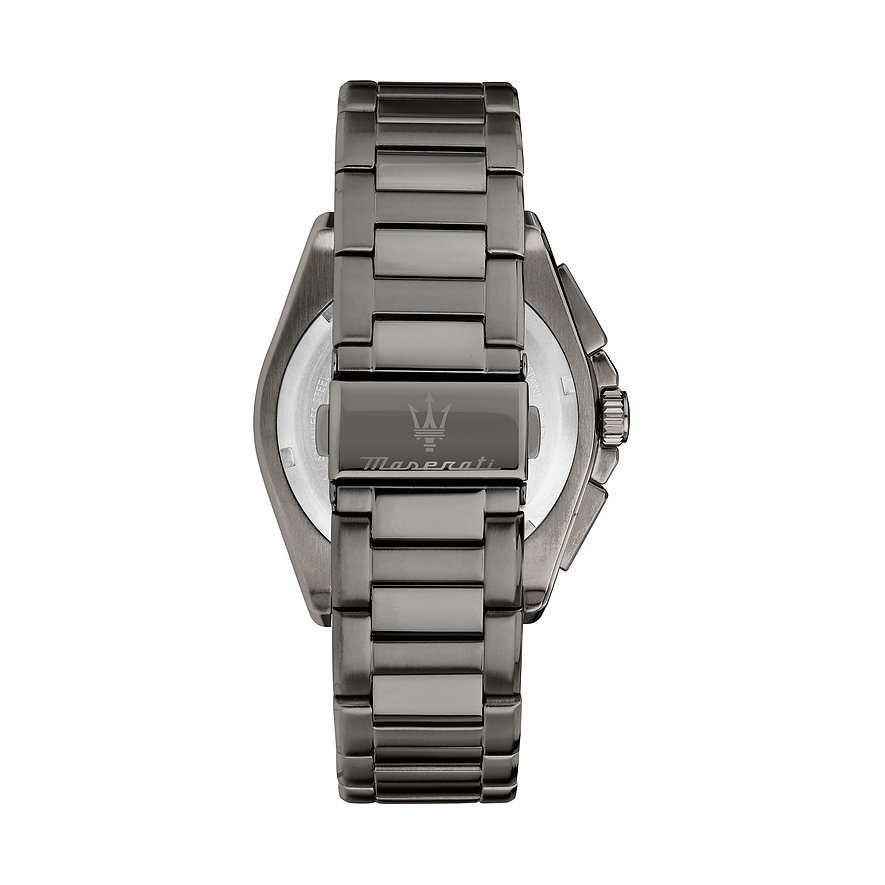 Maserati Herrenuhr mit Edelstahlgehäuse und grauem Armband.