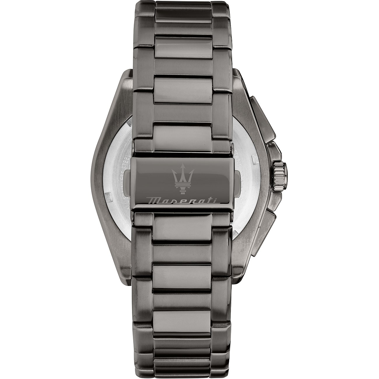 Maserati Herrenuhr mit Edelstahlgehäuse und grauem Armband.