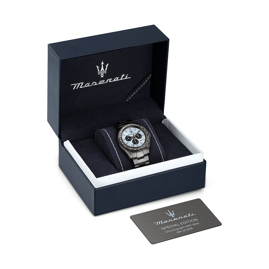Maserati Herrenuhr aus Edelstahl mit hellem Zifferblatt und Chronographenanzeige.