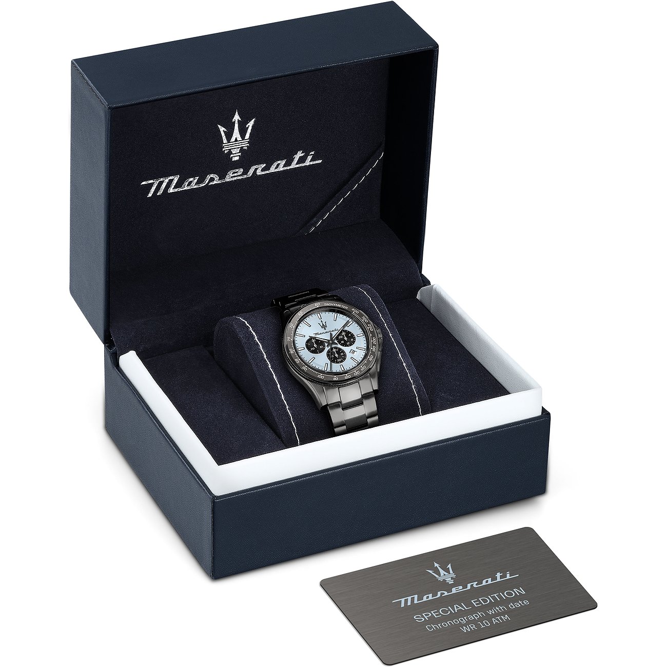 Maserati Herrenuhr aus Edelstahl mit hellem Zifferblatt und Chronographenanzeige.