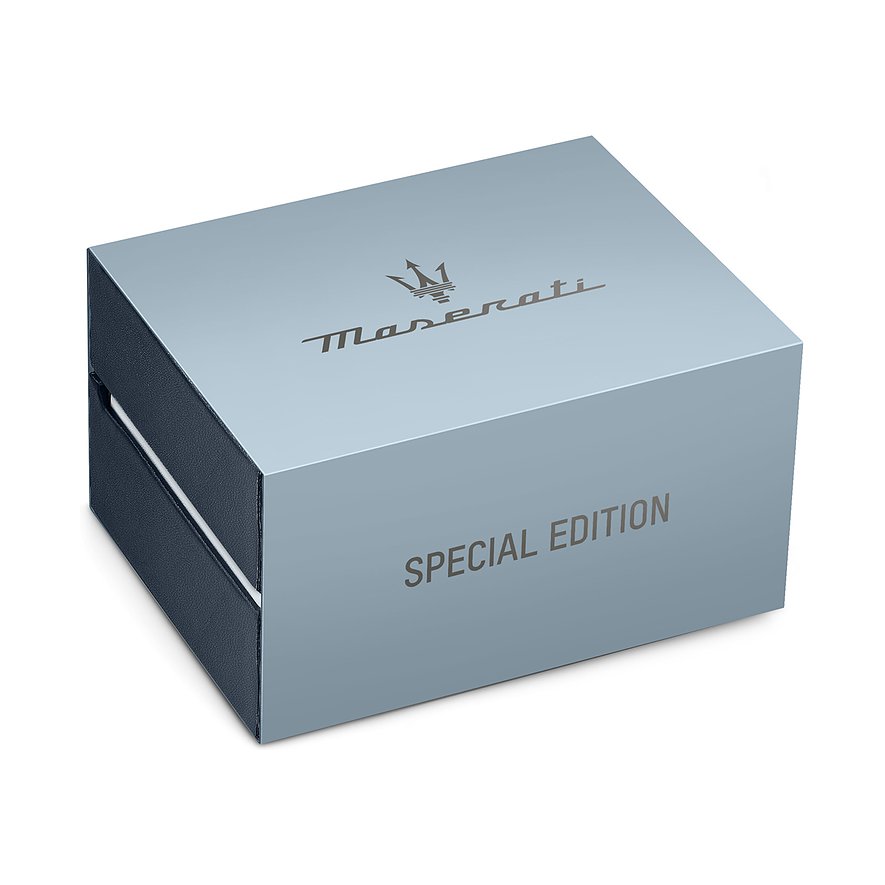 Maserati Herrenuhr aus Edelstahl, silberfarbenes Gehäuse, mit Schriftzug.