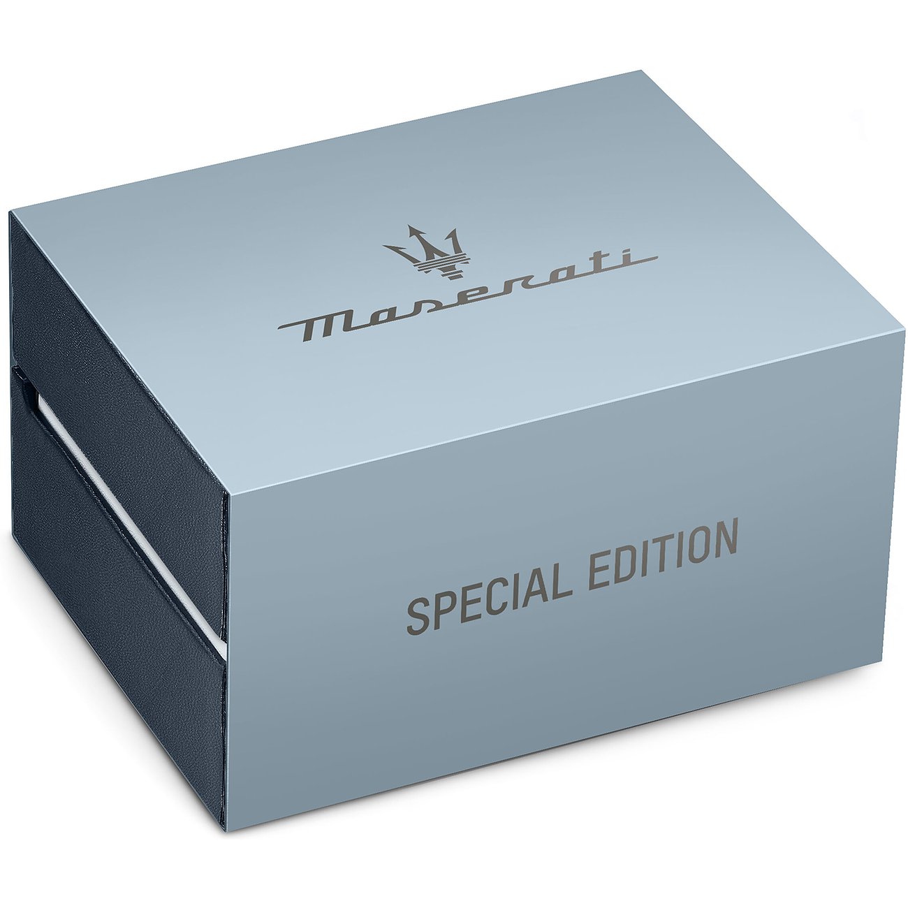 Maserati Herrenuhr aus Edelstahl, silberfarbenes Gehäuse, mit Schriftzug.