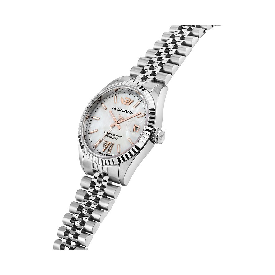 Philip Watch damklocka i polerat rostfritt stål med räfflad bezel och urtavla i pärlemor.