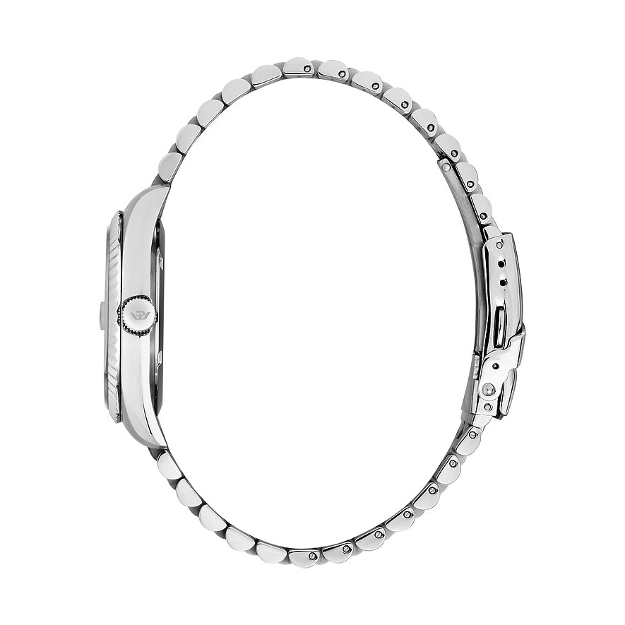 Sidovy av en Philip Watch damklocka i rostfritt stål med stängt spänne och länkarmband.