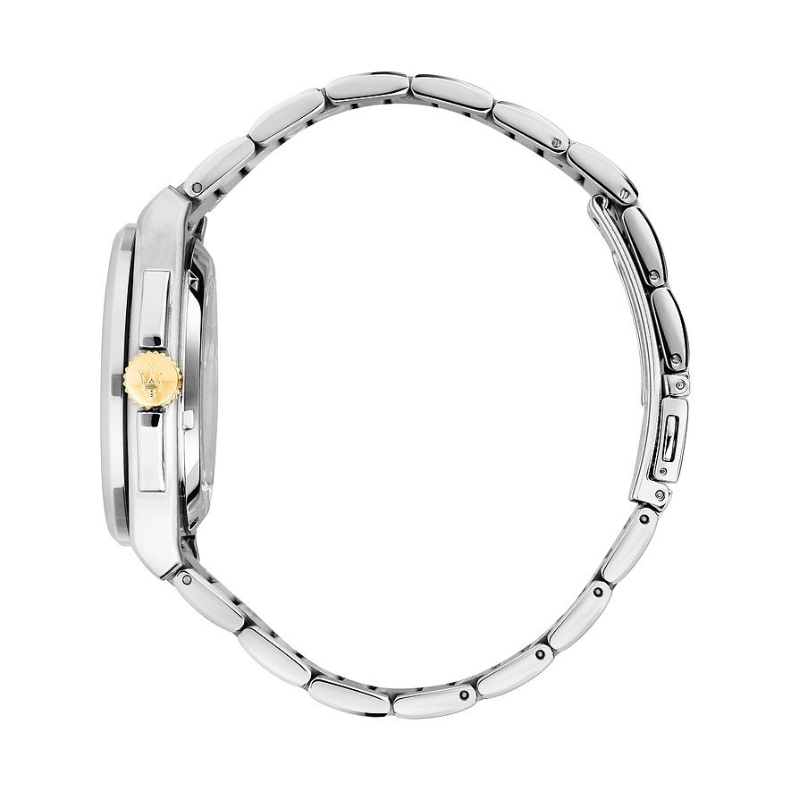 Maserati Herrenuhr mit Edelstahlgehäuse und goldenem Krone.