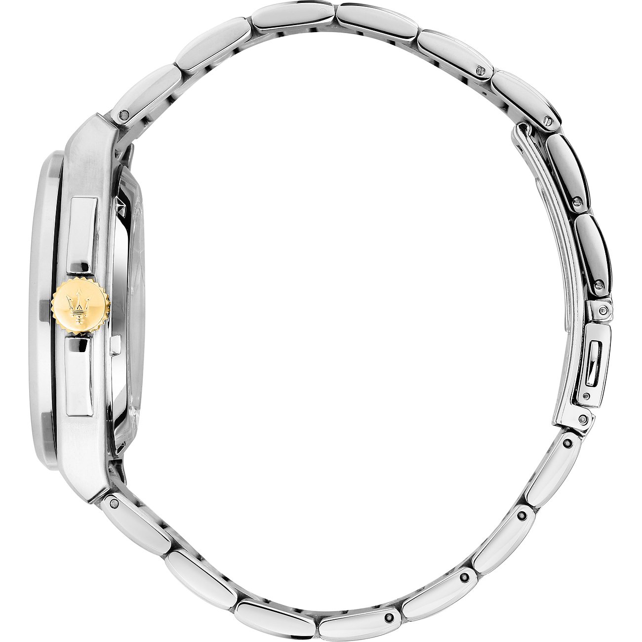 Maserati Herrenuhr mit Edelstahlgehäuse und goldenem Krone.