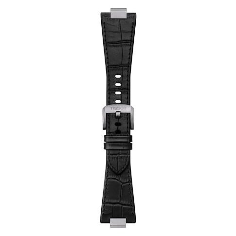 Tissot Armband aus Edelstahl mit schwarzem Kroko-Muster.