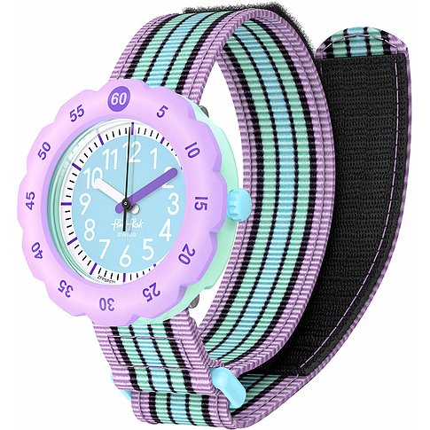 Flik Flak Kinderuhr mit Kunststoffgehäuse, analog, bunte Streifen.