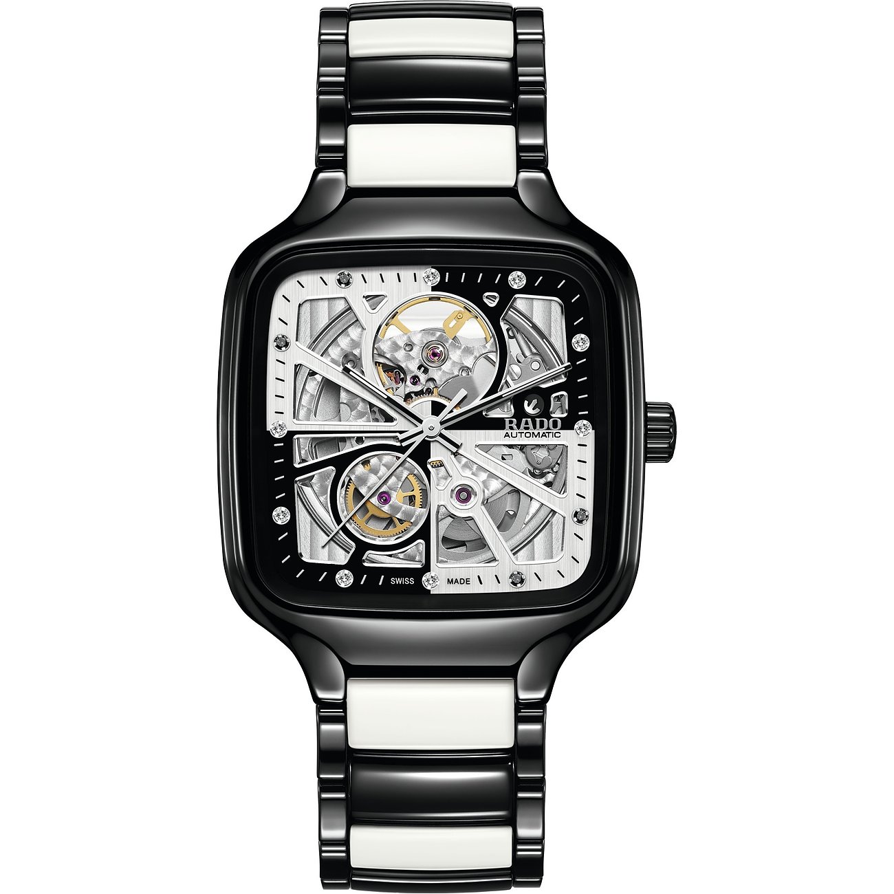 Rado Unisexuhr mit Keramikgehäuse, skelettiertem Zifferblatt und Diamanten.