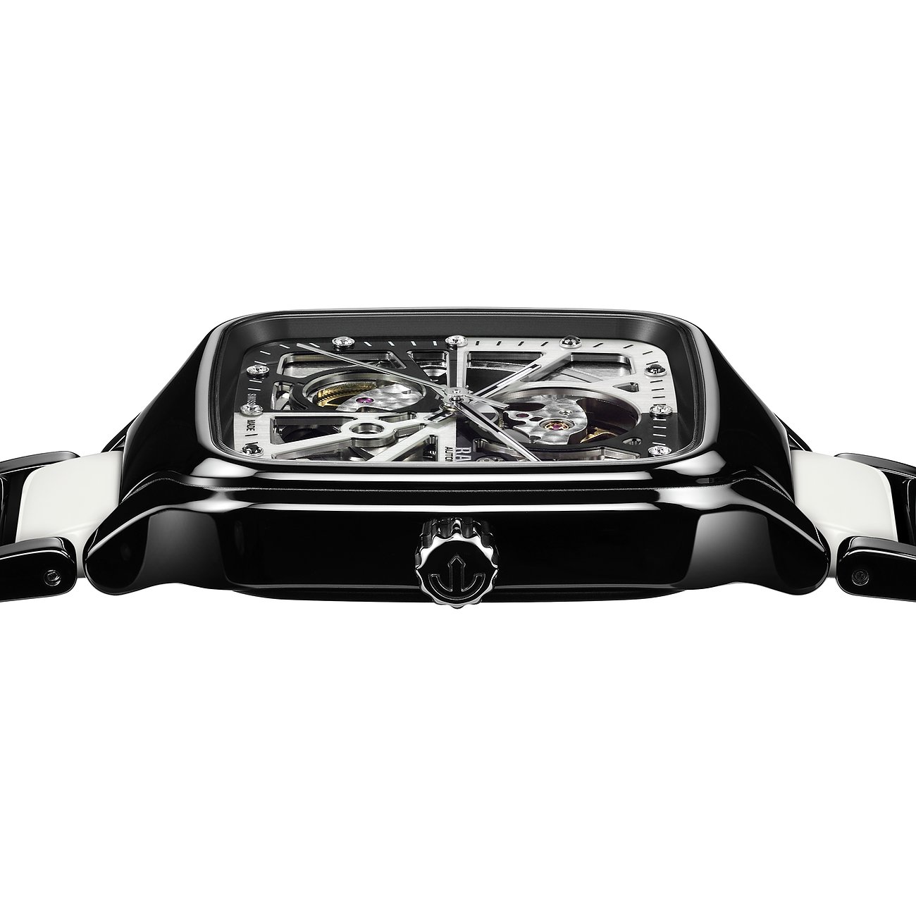 Rado Unisexuhr mit Keramikgehäuse, Skelett-Zifferblatt und Diamanten.