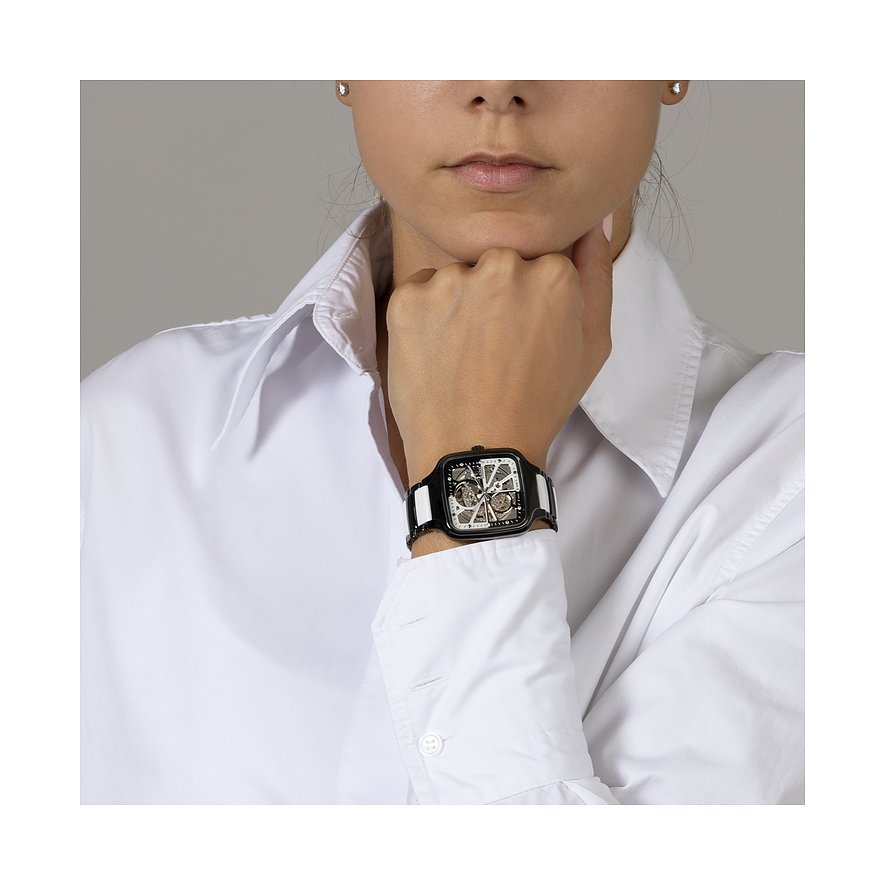 Rado Unisexuhr mit Keramikgehäuse, Skelett-Zifferblatt und Diamanten.