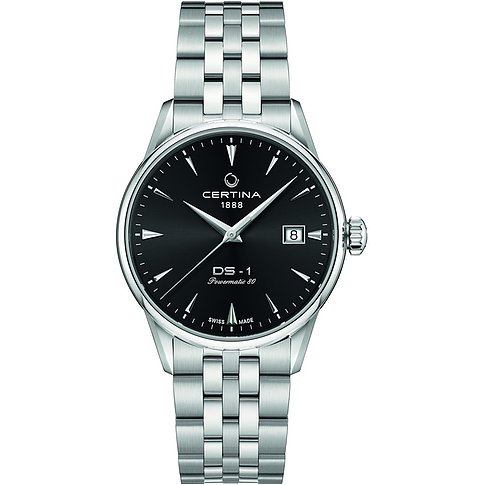 Certina Herrenuhr aus Edelstahl mit schwarzem Zifferblatt und analoger Anzeige.