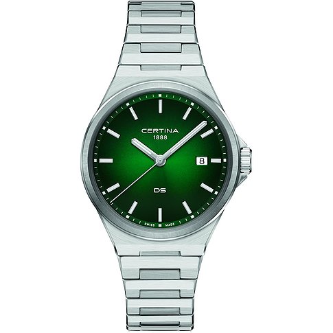 Certina Herrenuhr mit Edelstahlgehäuse und grünem Zifferblatt.