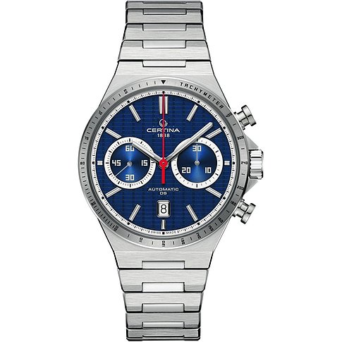 Certina Herrenuhr aus Edelstahl mit blauem Zifferblatt und Chronographen.