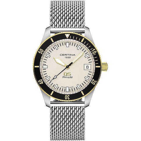 Certina Herrenuhr mit Edelstahlgehäuse, cremefarbenem Zifferblatt und Mesh-Armband.