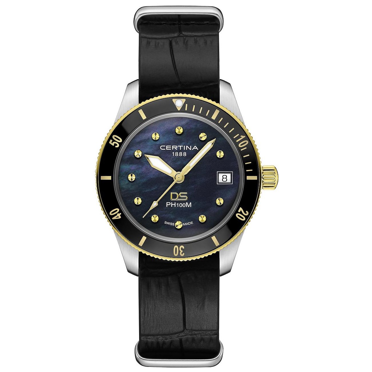 Certina Damenuhr mit Edelstahlgehäuse, schwarzem Zifferblatt und goldfarbener Lünette.