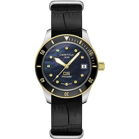 Certina Damenuhr mit Edelstahlgehäuse, schwarzem Zifferblatt und goldfarbener Lünette.