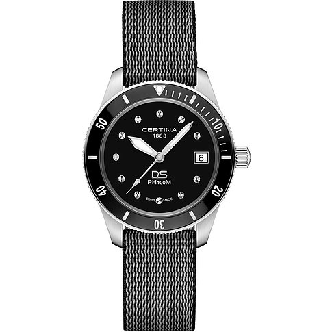 Certina Damenuhr mit Edelstahlgehäuse, schwarzem Zifferblatt und Textilarmband.
