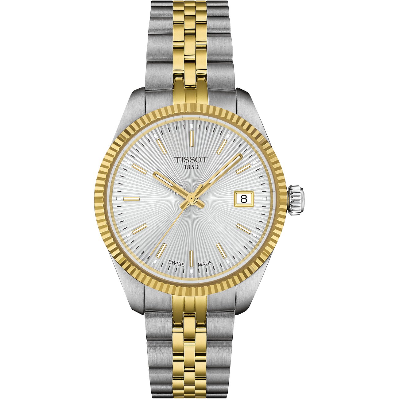 Tissot Damenuhr mit Edelstahlgehäuse, bicolor, mit Sonnenschliff-Zifferblatt.