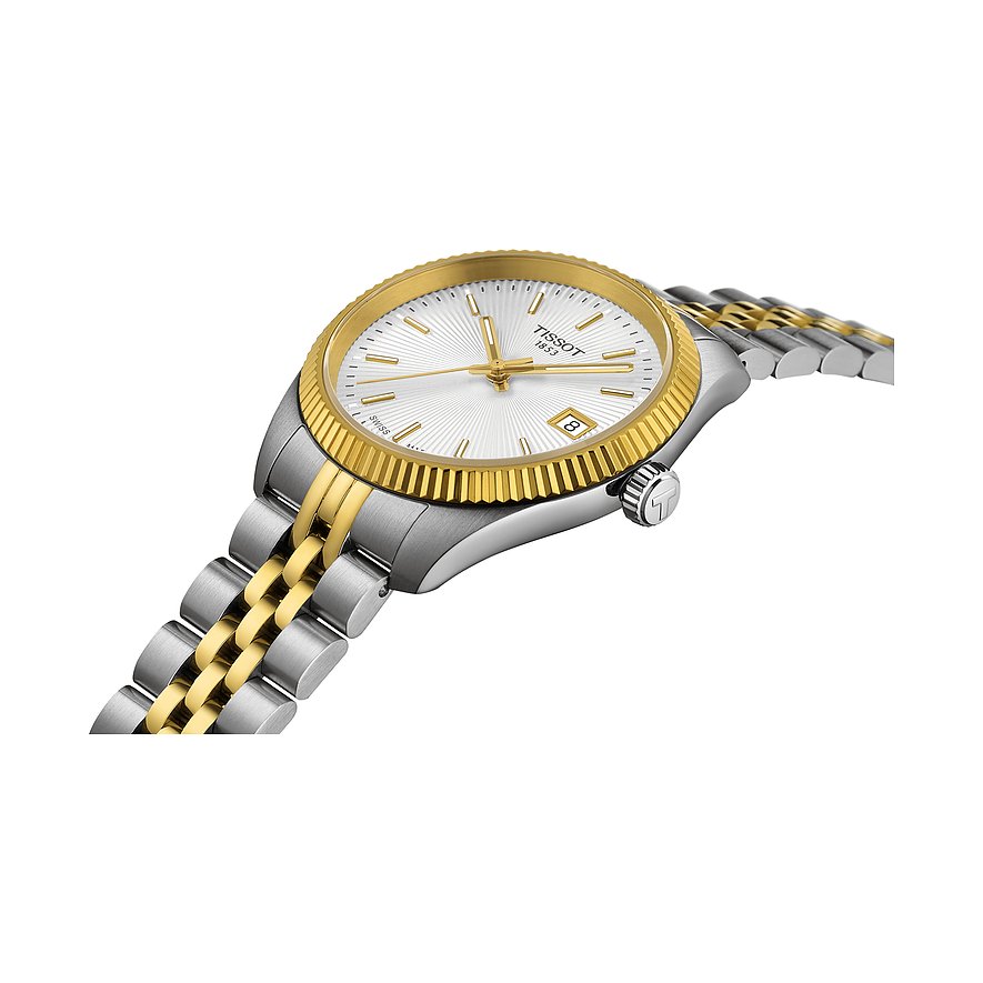 Tissot Damenuhr mit Edelstahlgehäuse, goldfarbener Lünette und silbernem Zifferblatt.