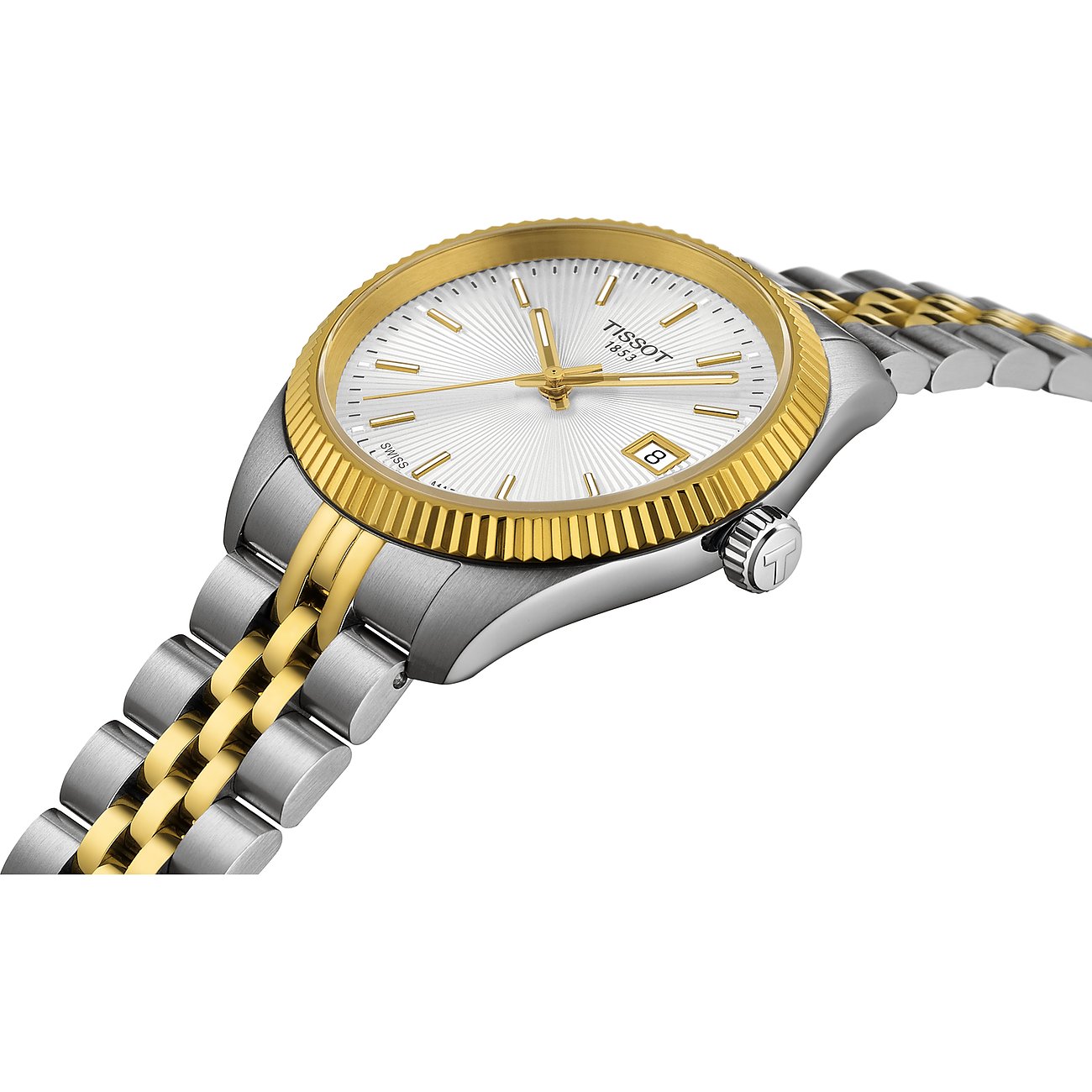 Tissot Damenuhr mit Edelstahlgehäuse, goldfarbener Lünette und silbernem Zifferblatt.