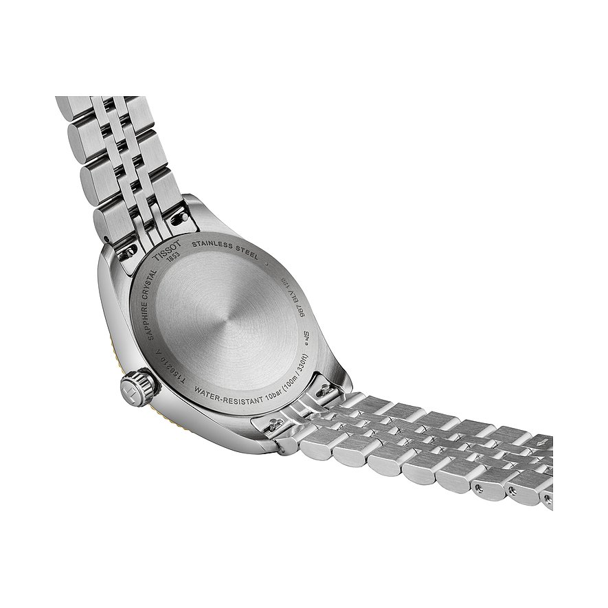 Tissot Damenuhr aus Edelstahl mit silberfarbenem Gehäuse und Armband.