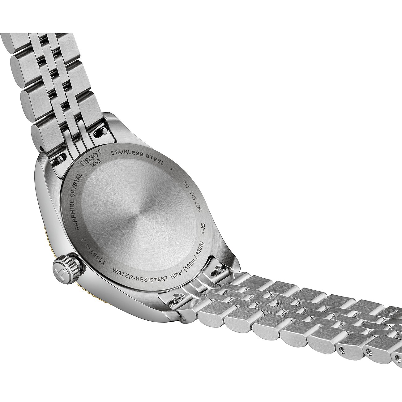 Tissot Damenuhr aus Edelstahl mit silberfarbenem Gehäuse und Armband.