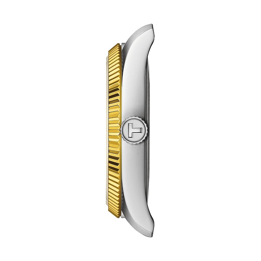 Tissot Damenuhr mit Edelstahlgehäuse und goldfarbener Lünette.