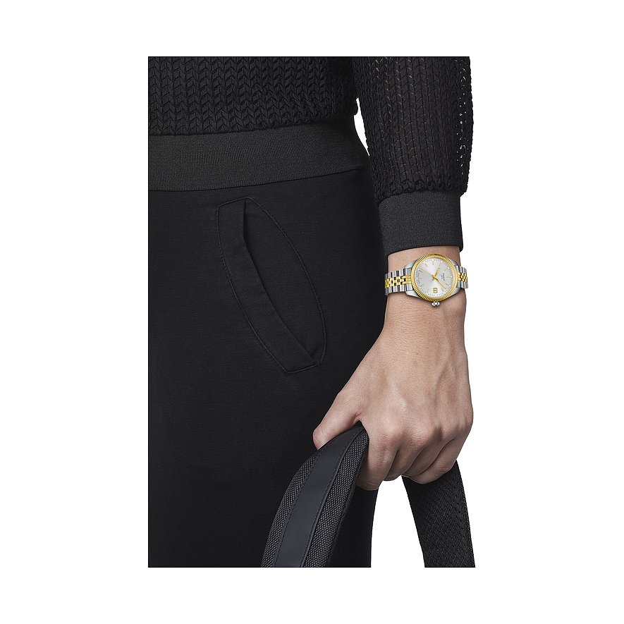 Tissot Damenuhr mit bicolor Edelstahlgehäuse und weißem Zifferblatt.