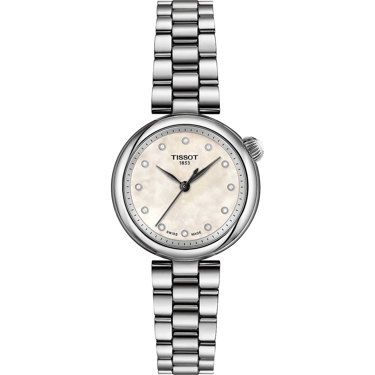 Tissot Damenuhr aus Edelstahl mit Diamanten und Perlmuttzifferblatt.