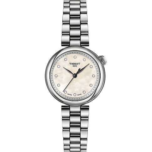 Tissot Damenuhr aus Edelstahl mit Diamanten und Perlmuttzifferblatt.