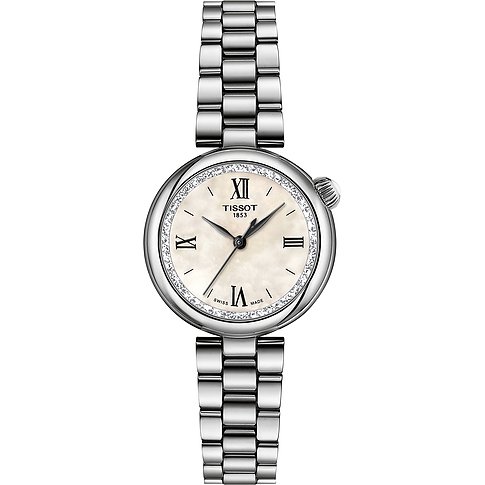 Tissot Damenuhr mit Edelstahlgehäuse, Perlmuttzifferblatt und römischen Ziffern.