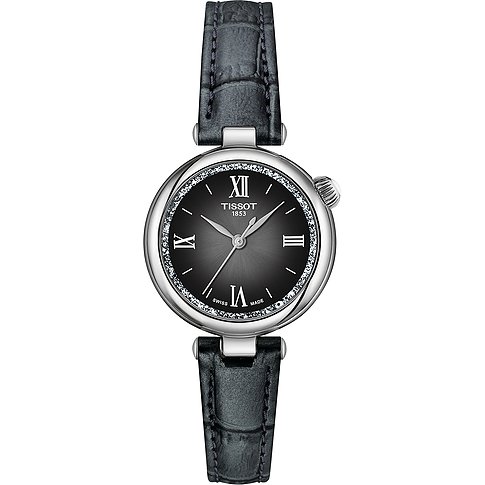 Tissot Damenuhr mit Edelstahlgehäuse, analog, mit Zirkonia besetzter Lünette.