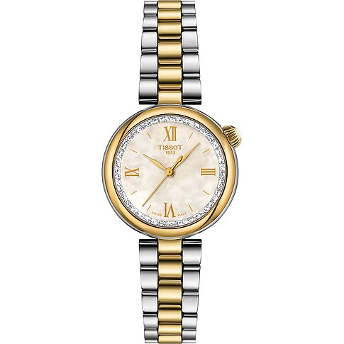 Tissot Damenuhr mit Edelstahlgehäuse, bicolor, analog, mit Zirkonia besetzter Lünette.