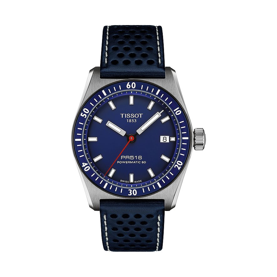Tissot Herrenuhr PR516 Powermatic 80 T1494071604100, Herren, Edelstahl, Armband: Leder, Automatik, analog